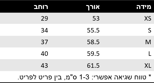 טבלת מידות