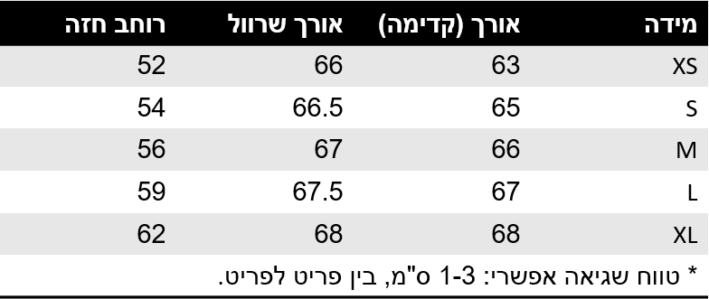 טבלת מידות